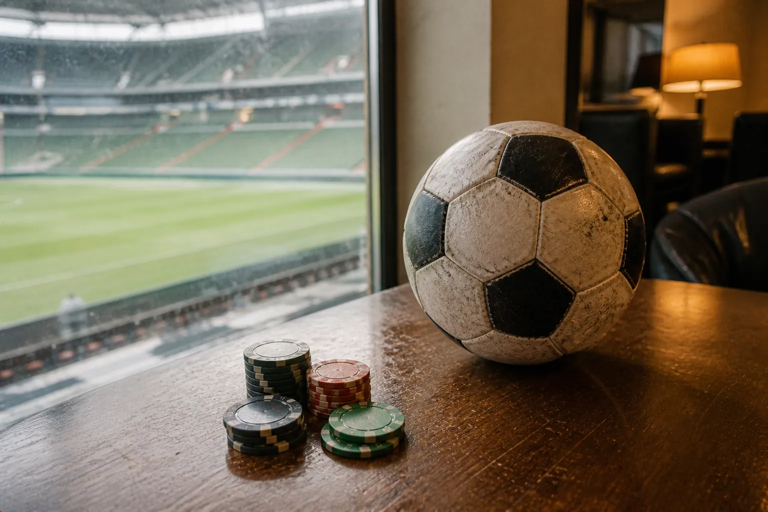 Foto eines gebrauchten Fußballs und Casino-Chips mit Blick auf ein Stadion