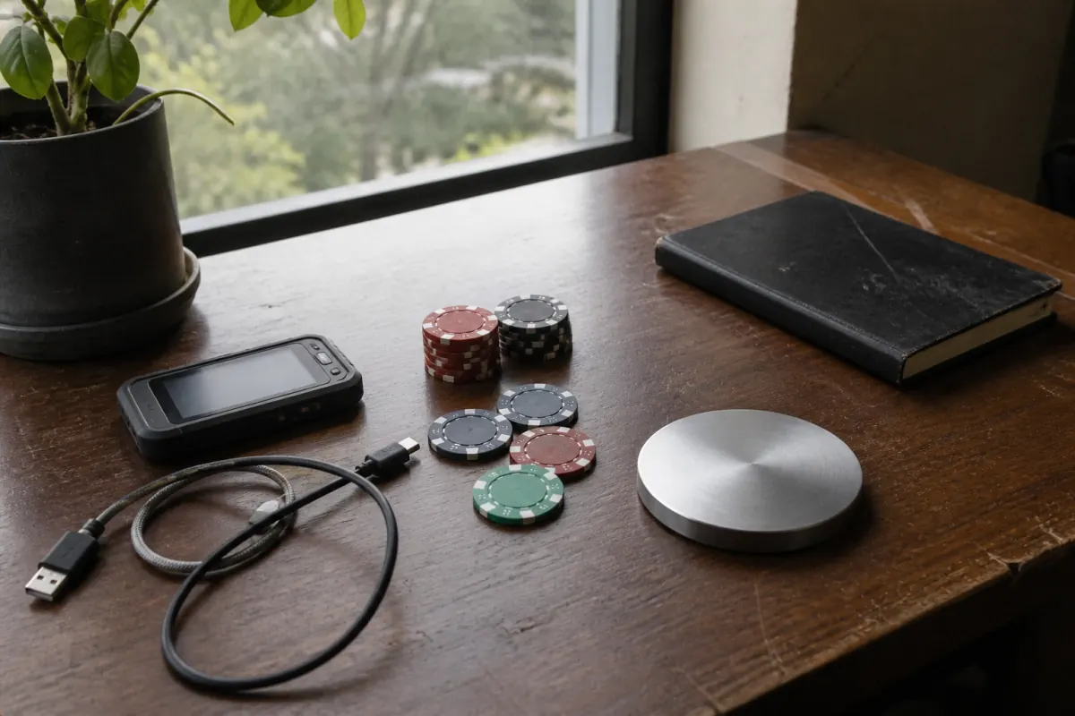 Foto eines Schreibtischs mit leerem Hardware-Modul, Metall-Token und Casino-Chips