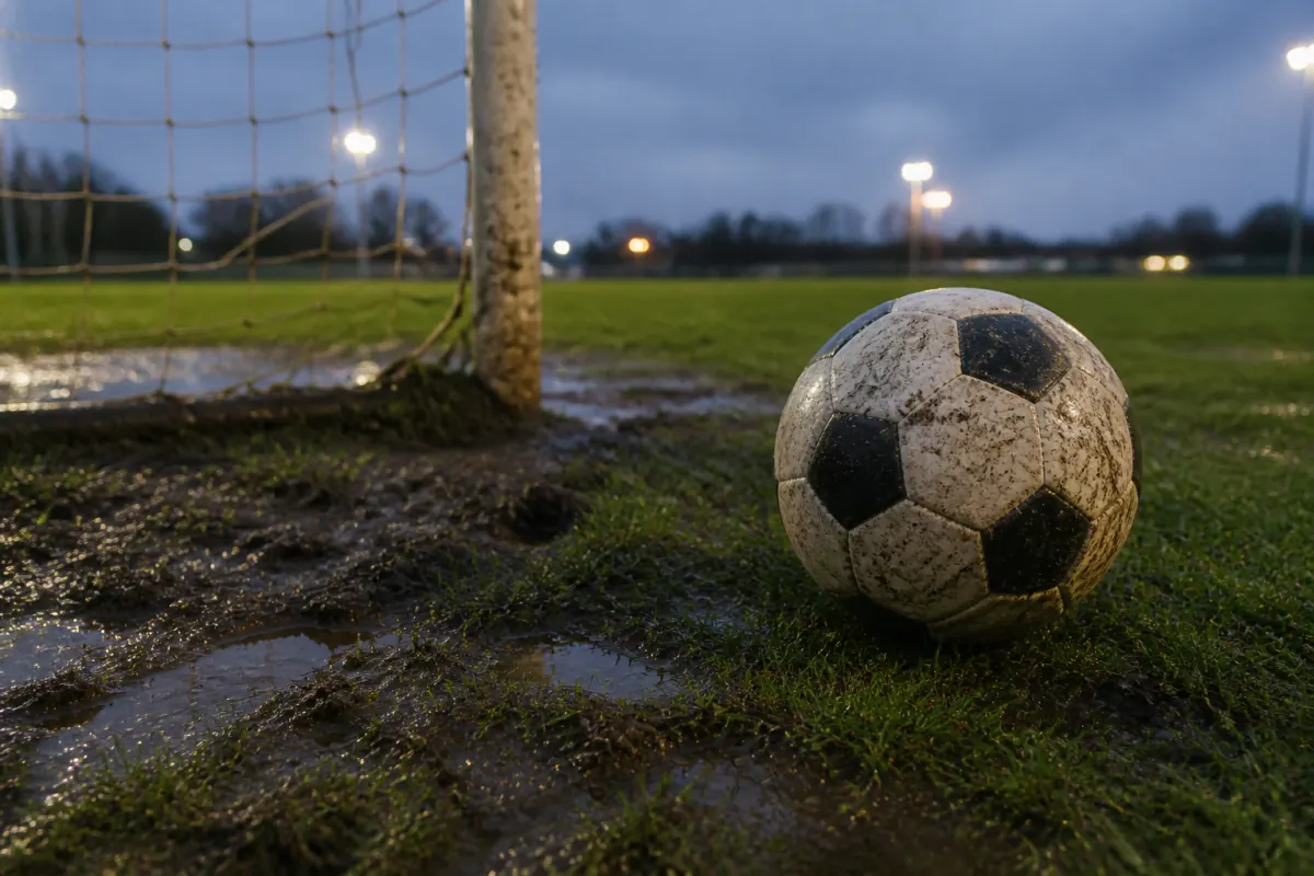 Foto eines schlammigen Fußballs neben einem Tor auf nassem Rasen