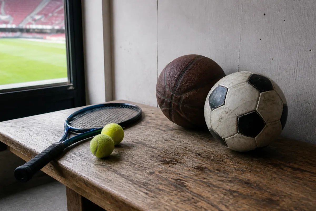 Foto gebrauchter Fußball-, Basketball- und Tennisausrüstung auf einer Holzbank